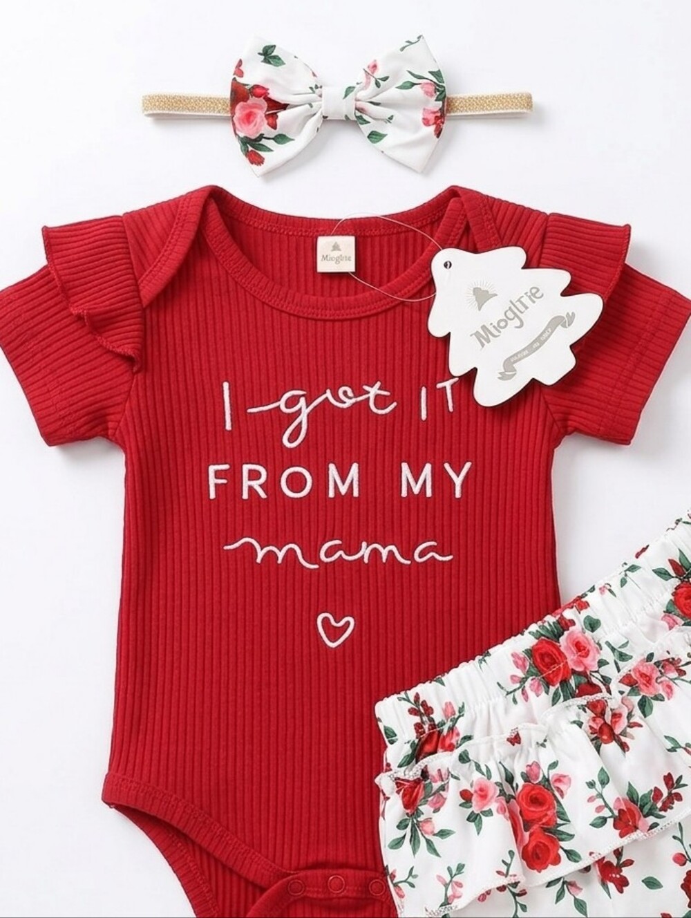 Red Baby Onesie Set with Floral Bloomer & Bow